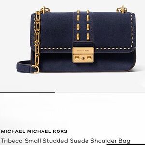 Michael Kors Navy Suede Chain Crossbody with Gold Hardware(072)